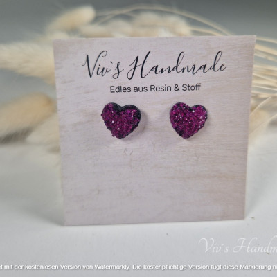 Herzohrringe Lila/Pink Flakes 14mm Epoxidharz