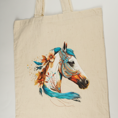 Stofftasche/-beutel Pferd Weiß/Blau