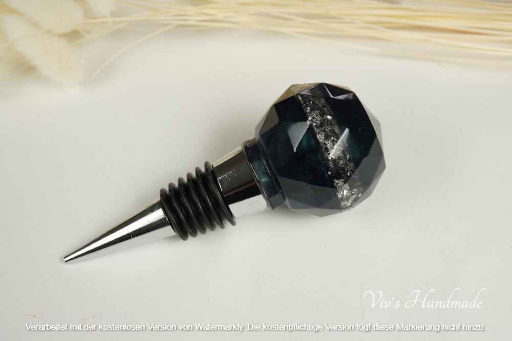 Weinverschluss Petrol Silberflocken Epoxidharz