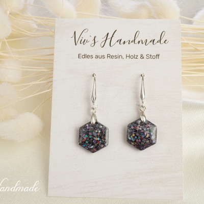 Ohrringe Silber 925 Schwarze Glitzerplättchen Epoxidharz